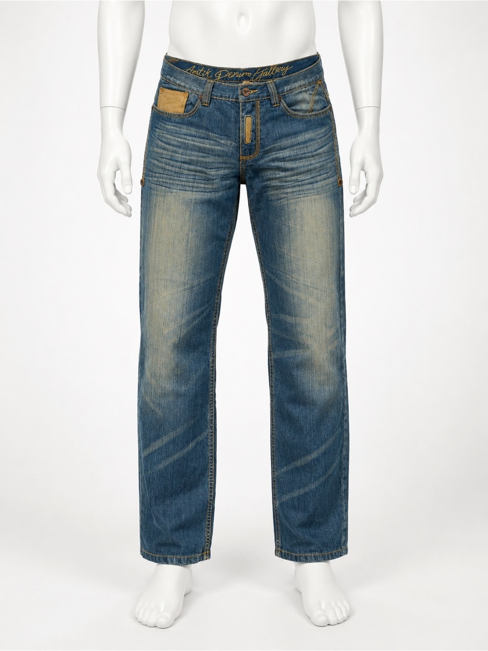 Antik Denim Men's Faded Blue Straight Jeans with Tan Accents